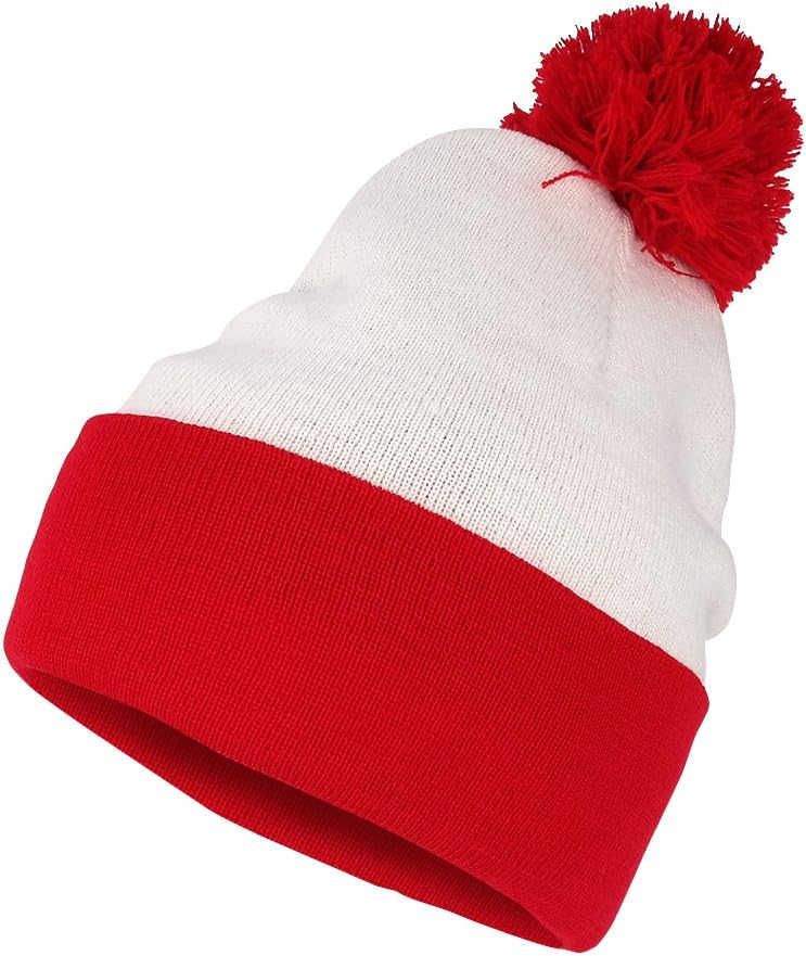 Armycrew Red White Striped Pom Pom Cuff Beanie Hat - Image 1